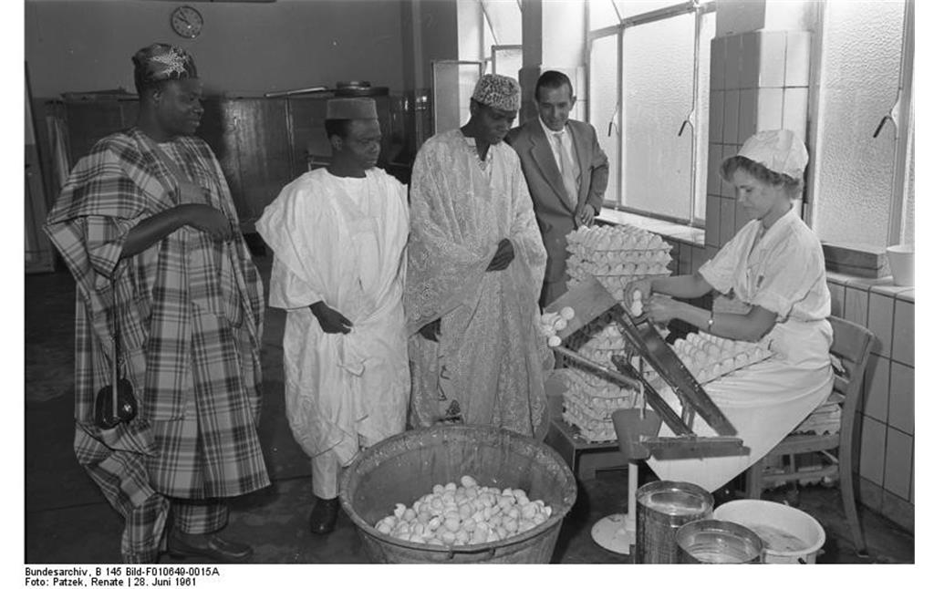Historische Aufnahme von 1961: Eine Parlaments-Delegation aus der Republik Niger bei der Besichtigung der Firma "Verpoorten" in Bonn, rechts im Bild eine Mitarbeiterin beim Aufschlagen von Eiern.