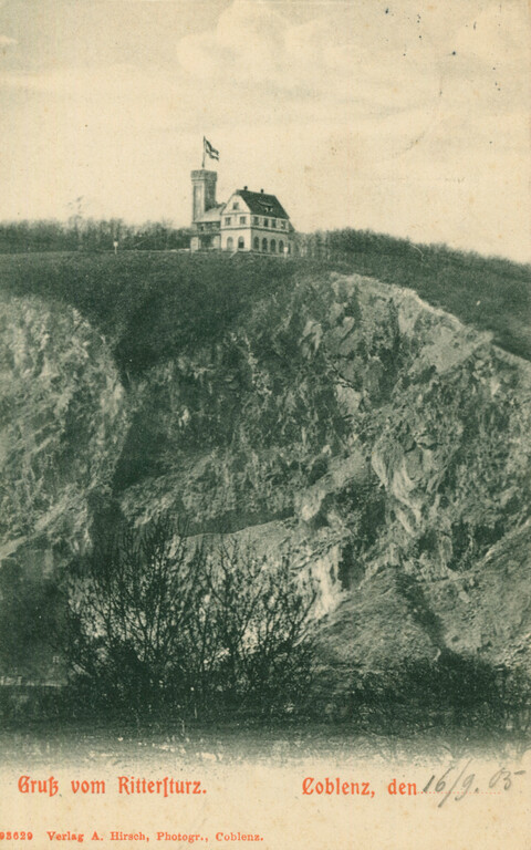 Historische Postkarte mit einem Blick auf den Aussichtspunkt und das Berghotel Rittersturz Koblenz (1903)