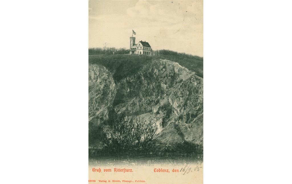 Historische Postkarte mit einem Blick auf den Aussichtspunkt und das Berghotel Rittersturz Koblenz (1903)