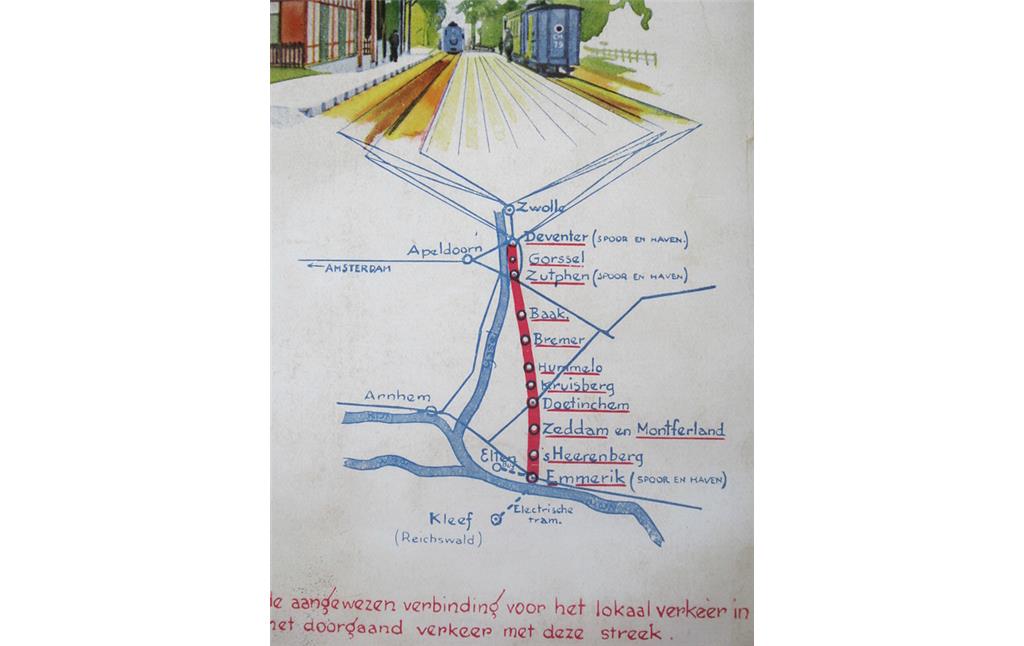 Ausschnit aus einem Werbeplakat der 1930er Jahre mit der Strecke der Kleinbahn von Deventer über Zutphen nach Emmerich (2013)