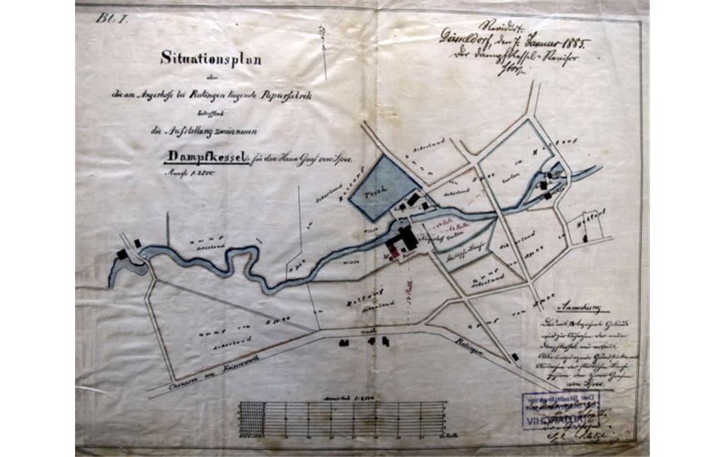 Der Situationsplan vom 7. Januar 1885, der Plan zeigt Gebäude und Umgebung der Papiermühle am Angerbach in anschaulicher Weise (Stadtarchiv Ratingen).