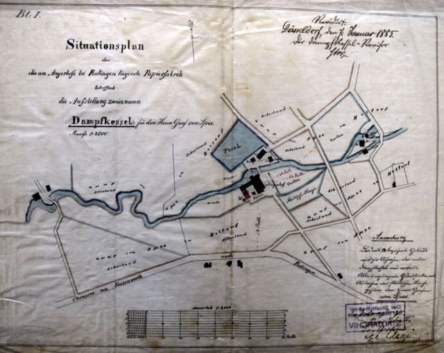 Der Situationsplan vom 7. Januar 1885, der Plan zeigt Gebäude und Umgebung der Papiermühle am Angerbach in anschaulicher Weise (Stadtarchiv Ratingen).