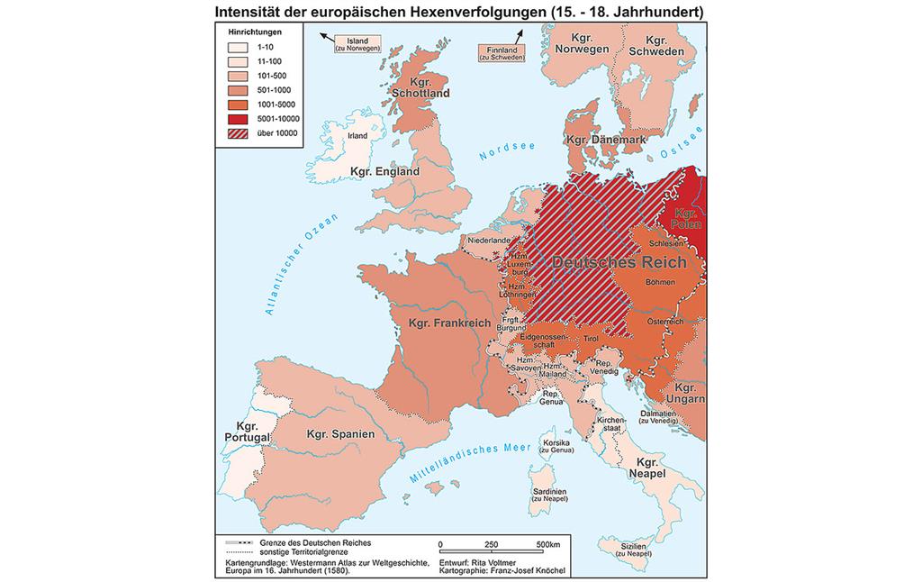 Karte: Intensität der europäischen Hexenverfolgungen (15. bis zum 18. Jahrhundert). Dargestellt sind ausgewählte Territorien (2007).