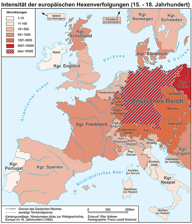 Karte: Intensität der europäischen Hexenverfolgungen (15. bis zum 18. Jahrhundert). Dargestellt sind ausgewählte Territorien (2007).