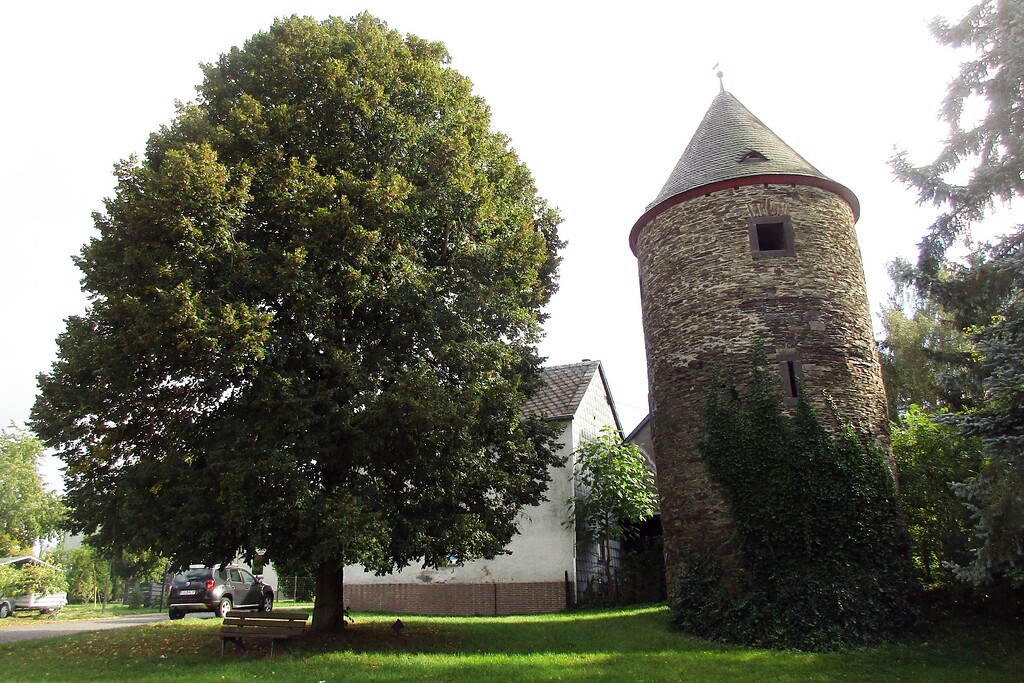 Blick von Westen her auf den "Alten Turm" der früheren Stadtbefestigung von Kaisersesch (2020), links im Bild ein mächtiger Lindenbaum.