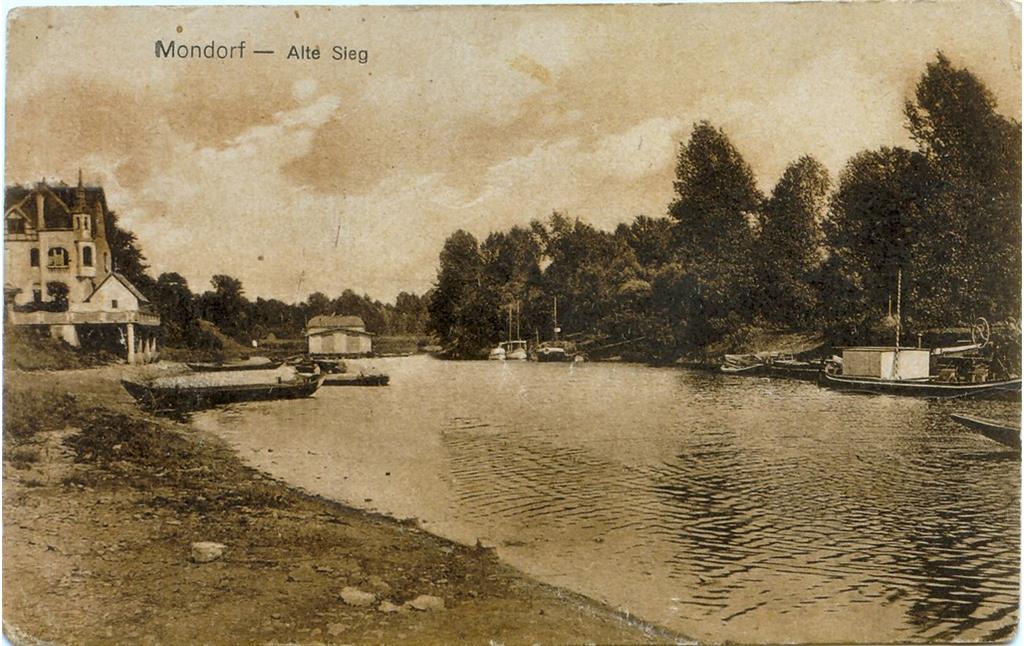 Historische Postkarte mit dem Motiv "Mondorf - Alte Sieg" (vor 1960), links im Bild das Hafenschlösschen