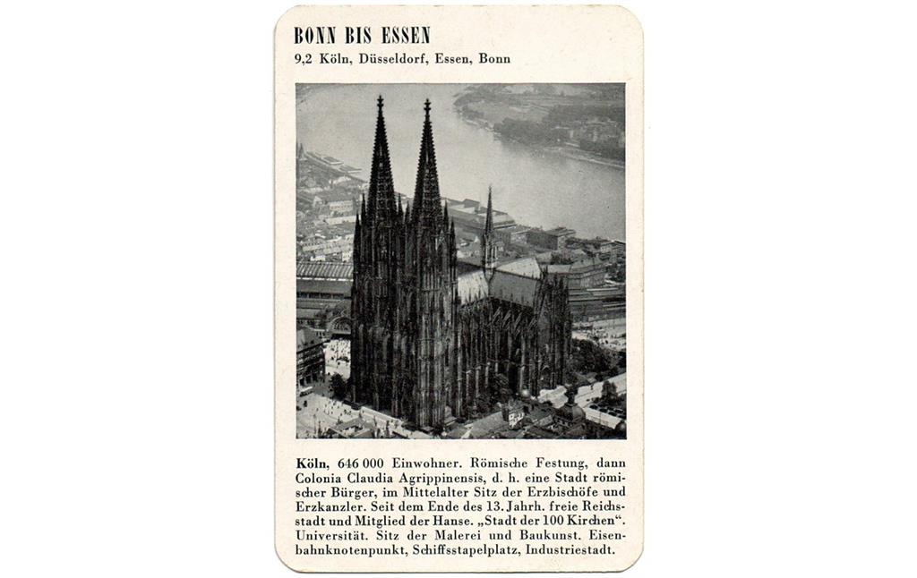 Spielkarte "Köln" mit einer Ansicht des Kölner Doms vor dem Rhein im Hintergrund (aus dem Quartettspiel "Der Rhein", Ravensburger Spiele Nr. 305, Otto Maier Verlag 1952).