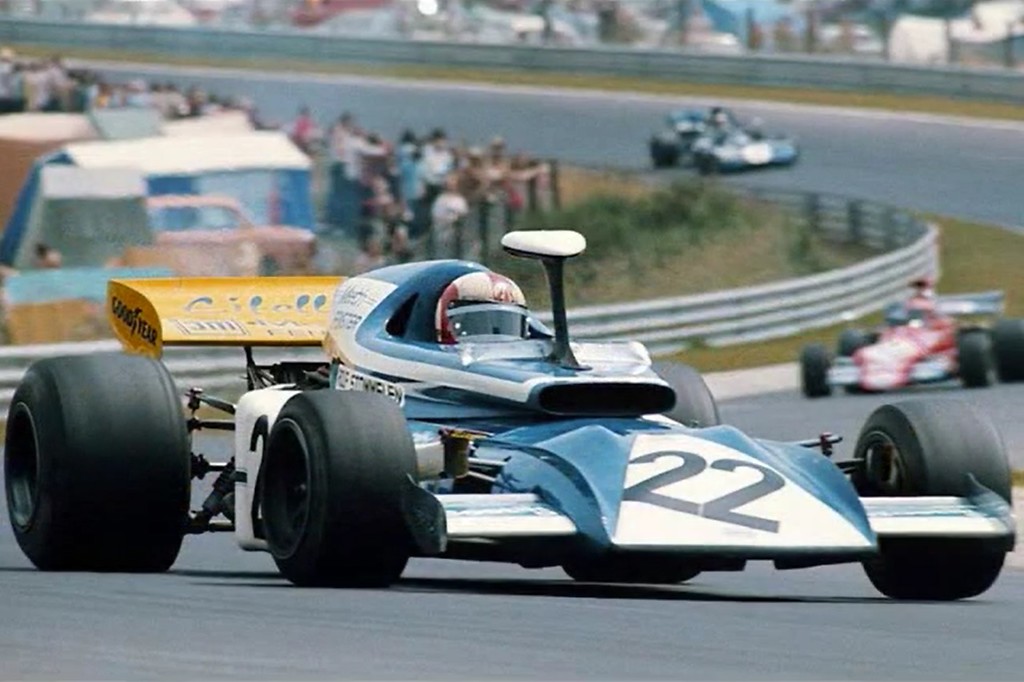 Formel-1-Wagen "Eifelland-March E21" mit dem Fahrer Rolf Stommelen beim Großen Preis von Deutschland auf dem Nürburgring am 30. Juli 1972.