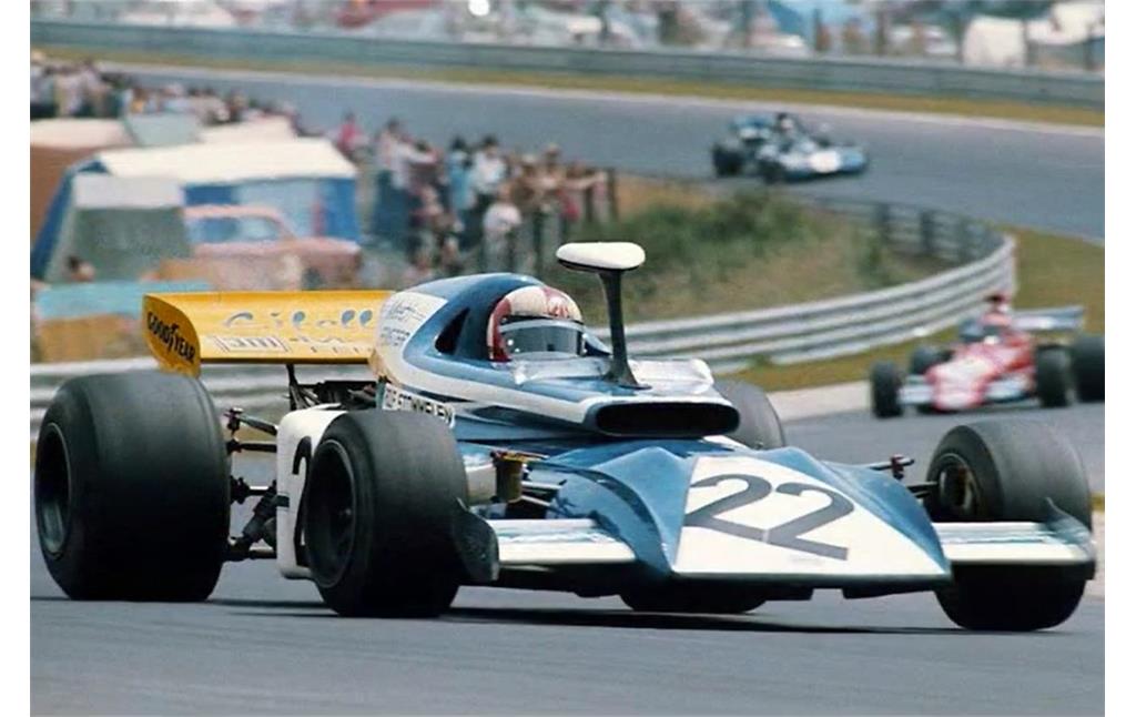 Formel-1-Wagen "Eifelland-March E21" mit dem Fahrer Rolf Stommelen beim Großen Preis von Deutschland auf dem Nürburgring am 30. Juli 1972.