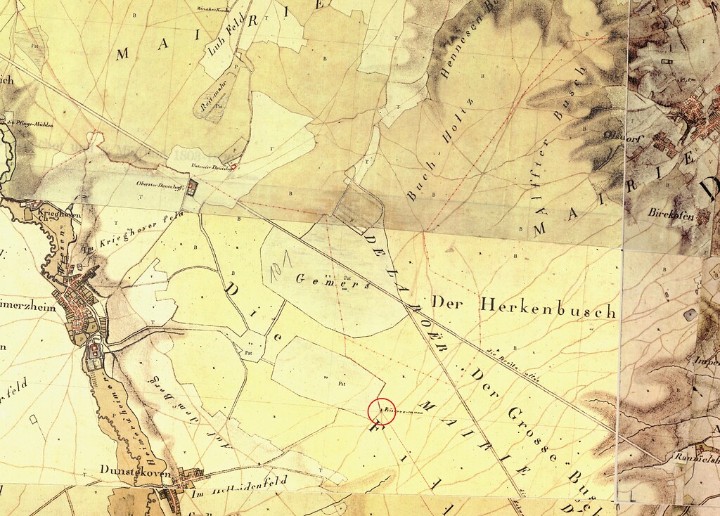 Eiserner Mann in der Waldville bei Dünstekoven auf der sogenannten Tranchot-Karte von 1801 - 1828