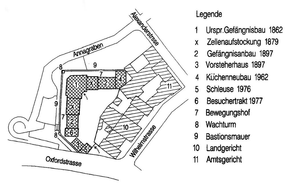 Lageplan zur baulichen Entwicklung und zur Chronologie der Gebäude der Bonner Justizvollzugsanstalt (Stand 1995, aus Notarius 1996).