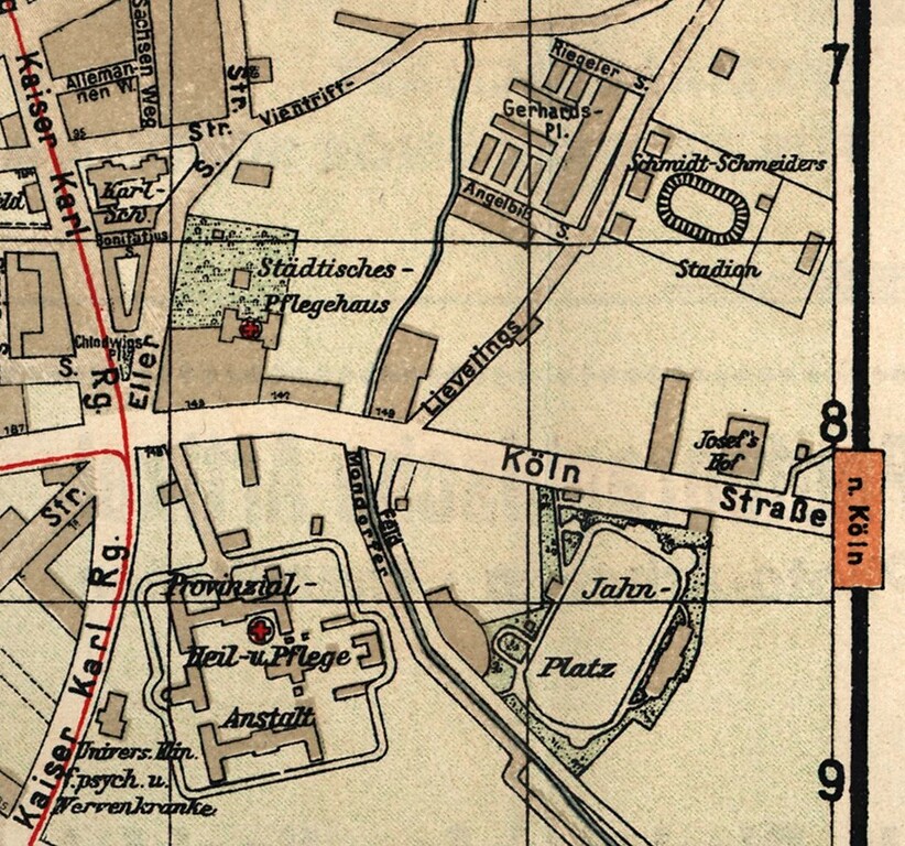 Auf 1930 datierter Ausschnitt eines Stadtplans von Bonn (1:20.000, nicht genordet). Der Kartenausschnitt zeigt den Bereich der "Köln Straße" im Bonner Norden u.a. mit den dortigen Heil- und Pflegeanstalten, dem Schmidt-Schneiders-Stadion und dem Jahn-Platz.