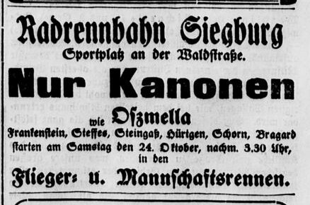 Ausriss aus dem General-Anzeiger vom 22. Oktober 1925: Anzeige für ein Rennen auf der Radrennbahn Siegburg auf dem Sportplatz an der Waldstraße.