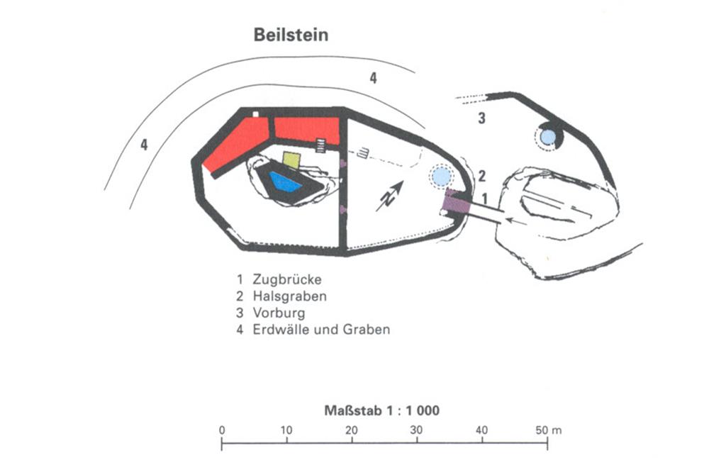 Skizze eines vereinfachten Grundrisses der Burgruine Beilstein bei Kaiserslautern (2012)