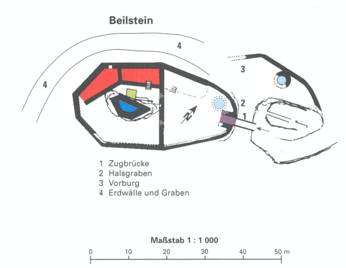 Skizze eines vereinfachten Grundrisses der Burgruine Beilstein bei Kaiserslautern (2012)