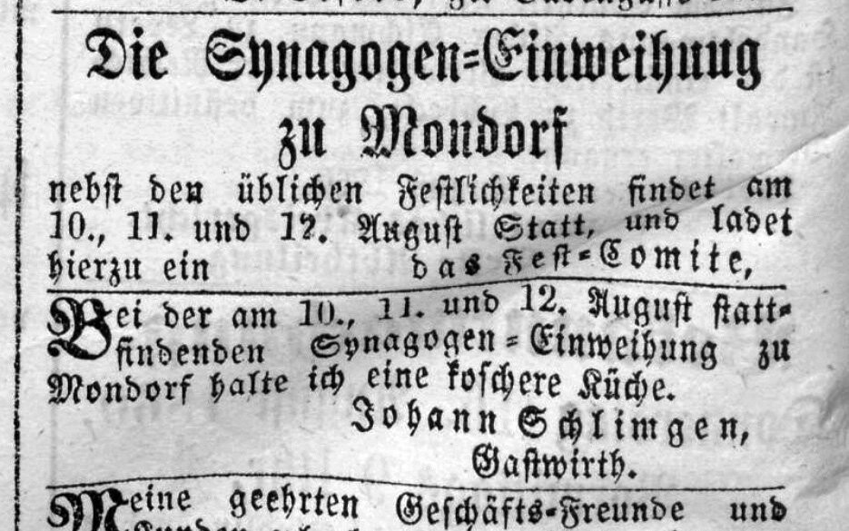 Anzeige in der Kölnischen Zeitung vom 9. August 1860 zu der feierliche Einweihung der neuen Synagoge in Mondorf vom 10. bis 12. August 1860.