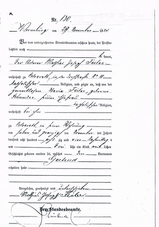 Die Geburtsurkunde der Gertrud Feiler, genannt Traud, vom 29. November 1884