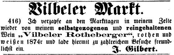 Werbeanzeige des Winzers Gilbert (1874)