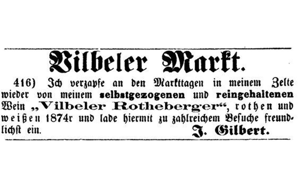 Werbeanzeige des Winzers Gilbert (1874)