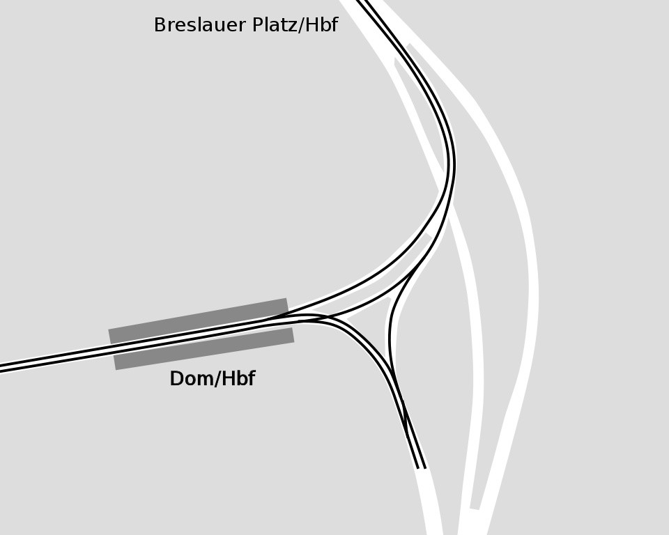 Schematischer Gleisplan der Haltestelle "Dom/Hauptbahnhof" der U-Bahn Köln, im südlichen Bereich der als Wendedreieck genutzte Ansatz für einen Rheintunnel (Zeichnung von 2009)
