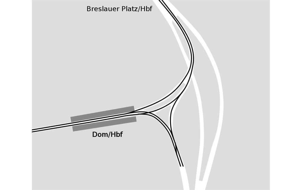 Schematischer Gleisplan der Haltestelle "Dom/Hauptbahnhof" der U-Bahn Köln, im südlichen Bereich der als Wendedreieck genutzte Ansatz für einen Rheintunnel (Zeichnung von 2009)