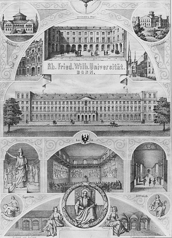 Werbeplakat der Rheinischen Friedrich-Wilhelms-Universität Bonn aus der Zeit um 1850 mit Abbildungen des kurfürstlichen Schlosses und weiterer Universitätsgebäude