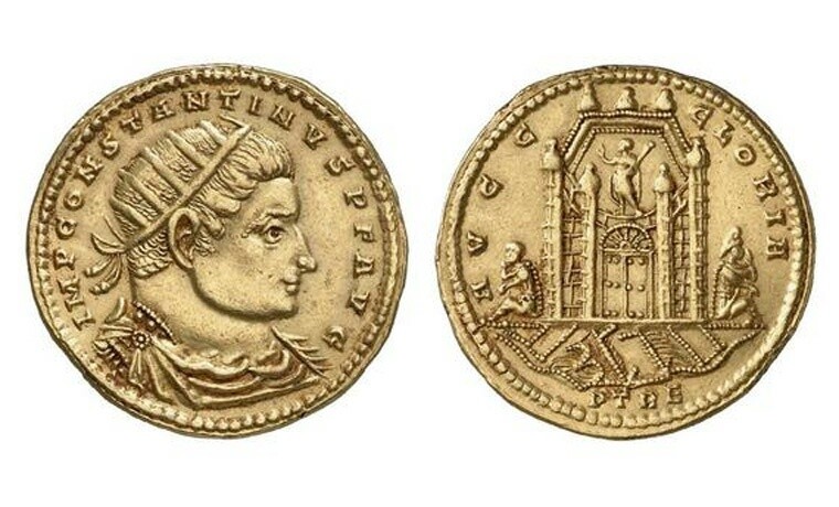 Goldsolidus Konstantins I. (~315 n. Chr., 8,93 g, 26 mm) mit Darstellung des Kaisers und des Deutzer Kastells Divitia mit der römischen Brücke.