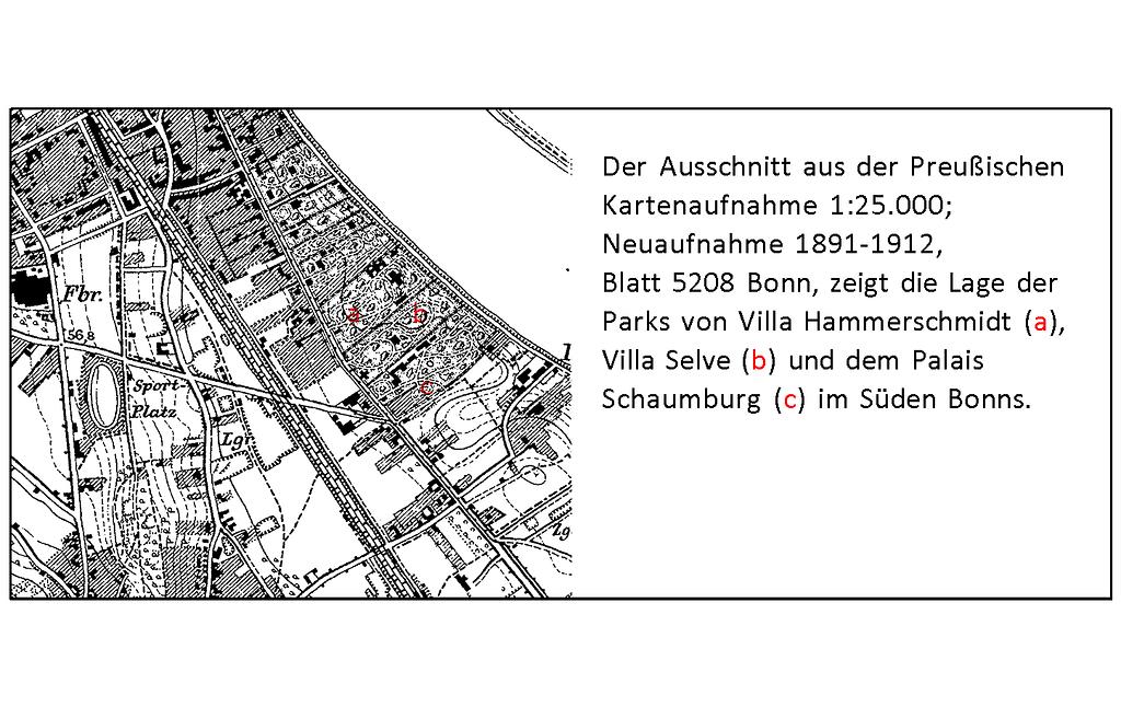 Ausschnitt aus der Preußischen Kartenaufnahme 1:25.000 - Neuaufnahme - 1891-1912, Blatt 5208 Bonn von 1893. Darin zu erkennen die Lage der Parks von Villa Hammerschmidt, Villa Selve und dem Palais Schaumburg im Süden Bonns.