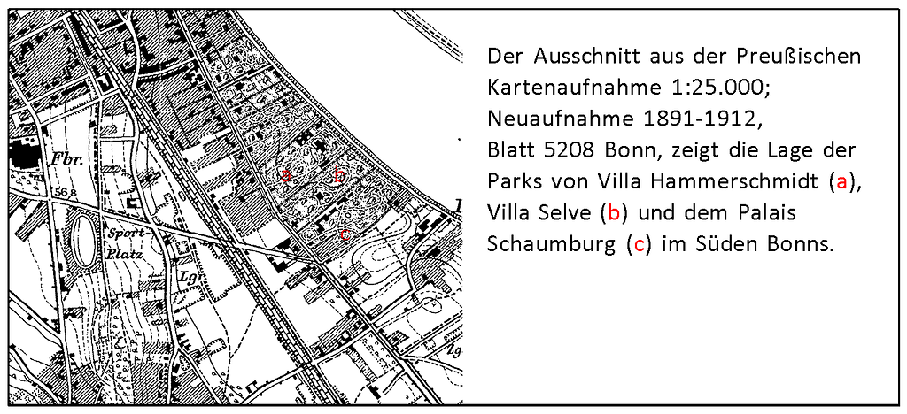 Ausschnitt aus der Preußischen Kartenaufnahme 1:25.000 - Neuaufnahme - 1891-1912, Blatt 5208 Bonn von 1893. Darin zu erkennen die Lage der Parks von Villa Hammerschmidt, Villa Selve und dem Palais Schaumburg im Süden Bonns.