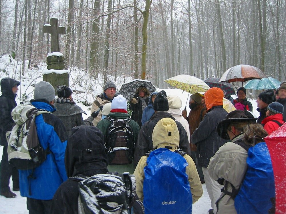 Eine Wandergruppe im Siebengebirge bei einer winterlichen Kulturlandschafts-Exkursion (2010).