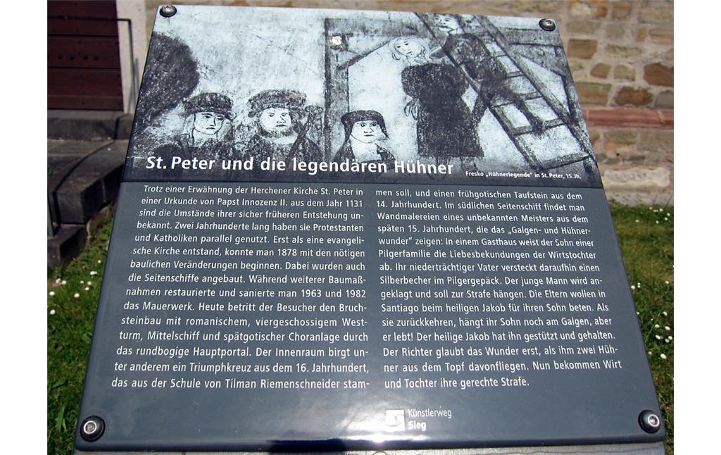 Hinweistafel mit Informationen zur Pfarrkirche St. Peter und der auf einem Fresko aus dem 15. Jahrhundert im südlichen Seitenschiff der Kirche dargestellten "Hühnerlegende" (2014)