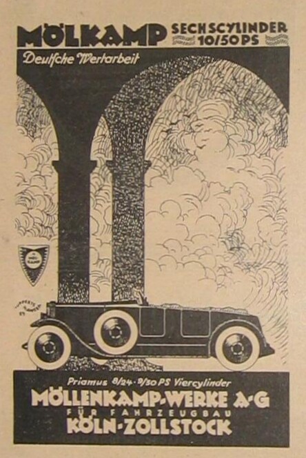 Werbeanzeige in der Allgemeinen Automobil Zeitung für die Fahrzeugtypen "Priamus 8/24 Viercylinder" und "9/30 PS Viercylinder" sowie "Mölkamp 10/50 PS Sechscylinder" der Düsseldorfer Möllenkamp-Werk AG für Fahrzeugbau, die seinerzeit in Köln-Zollstock Priamus-Fahrzeuge produzierte und vertrieb (1924).
