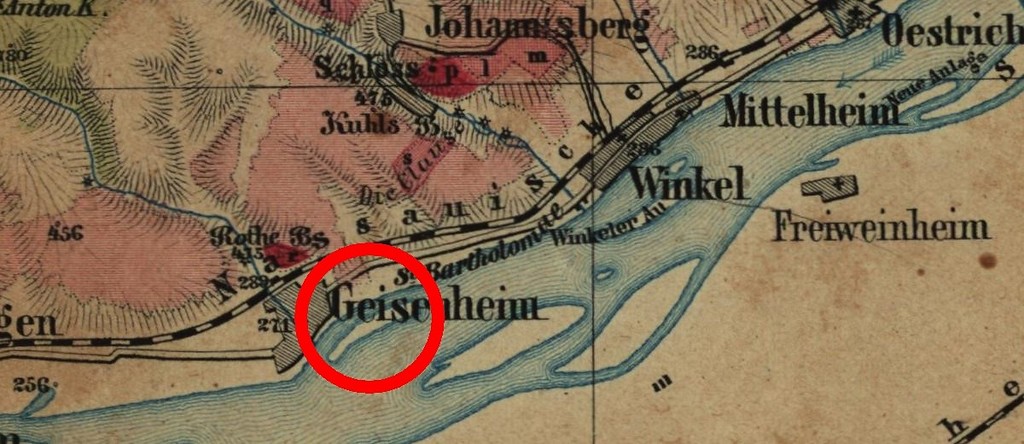 Die Schönborn'sche Aue bei Geisenheim im Jahre 1867 in einer historischen Karte.