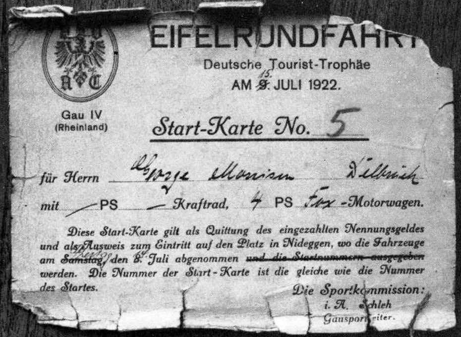 Meldekarte für das erste Eifelrennen, das am 15. Juli 1922 als "Eifelrundfahrt / Deutsche Tourist-Trophäe" vom ADAC veranstaltet wurde.