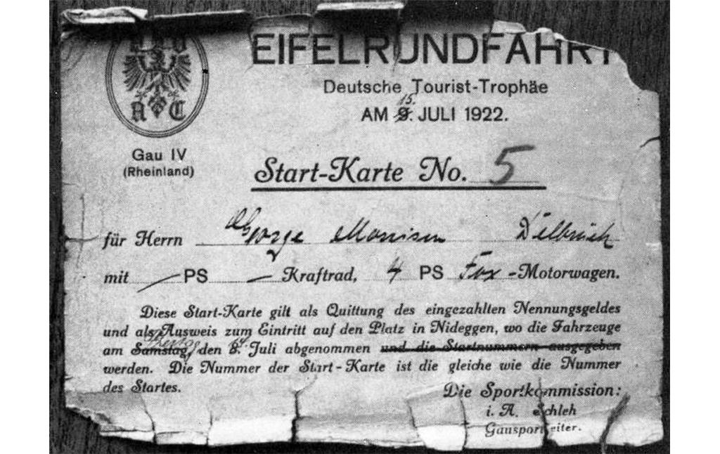 Meldekarte für das erste Eifelrennen, das am 15. Juli 1922 als "Eifelrundfahrt / Deutsche Tourist-Trophäe" vom ADAC veranstaltet wurde.