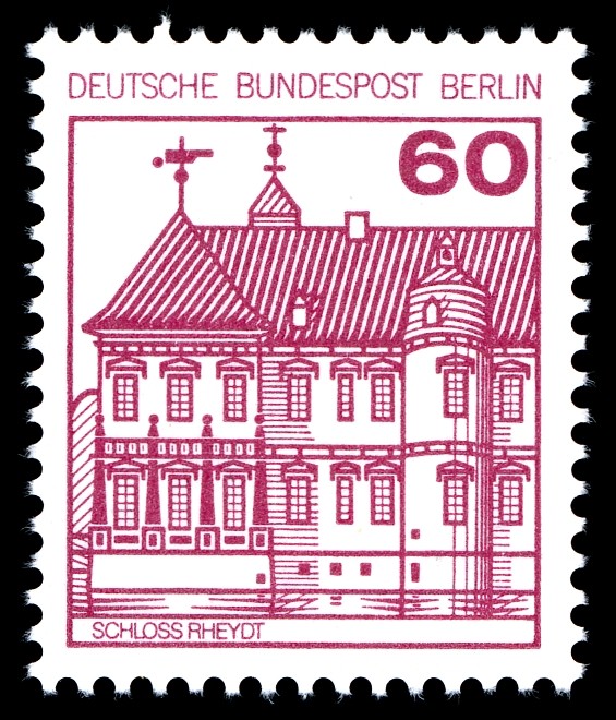 Schematische Darstellung von Schloss Rheydt auf einer Briefmarke der Dauermarkenserie "Burgen und Schlösser" der Deutschen Bundespost Berlin von 1979.
