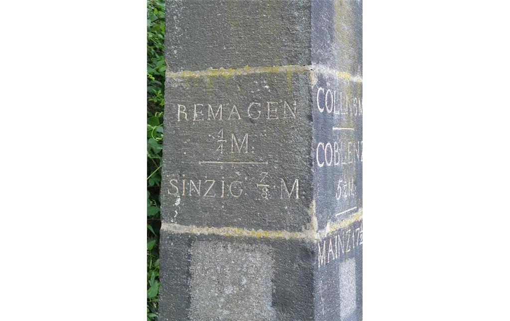 Teilansicht des preußischen Meilensteins an der heutigen B 9 zwischen Remagen und Unkelbach (2014)