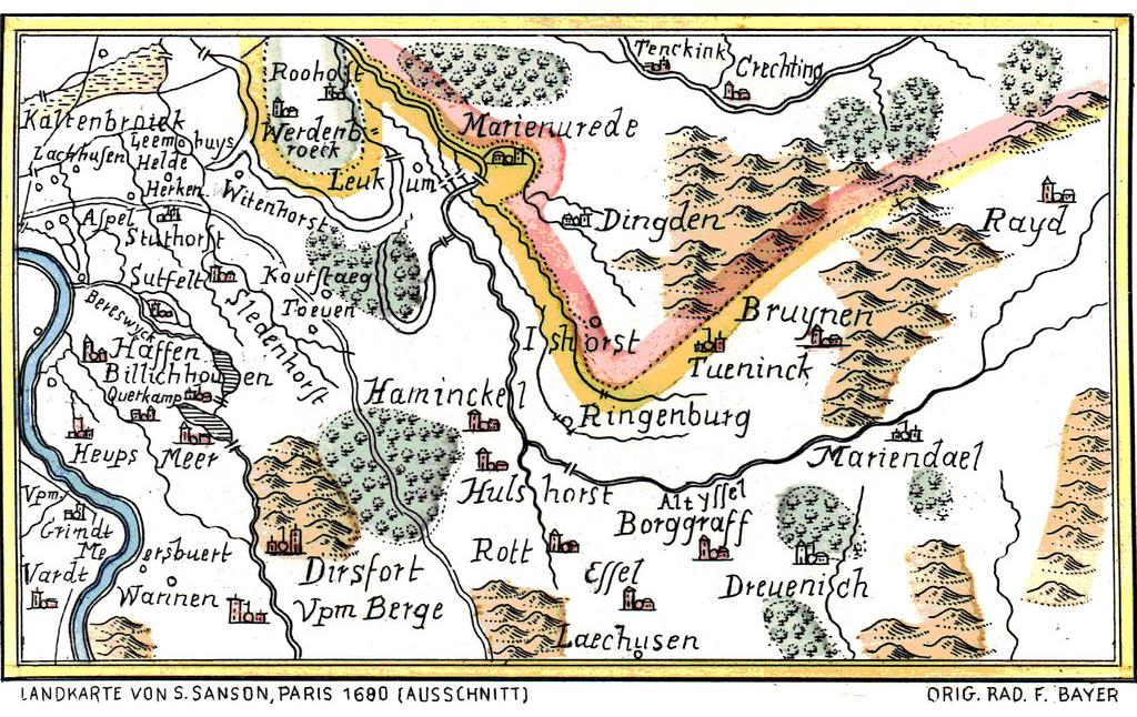 Reproduktion einer historischen Landkarte von 1680 im Bereich des unteren Niederrheins.