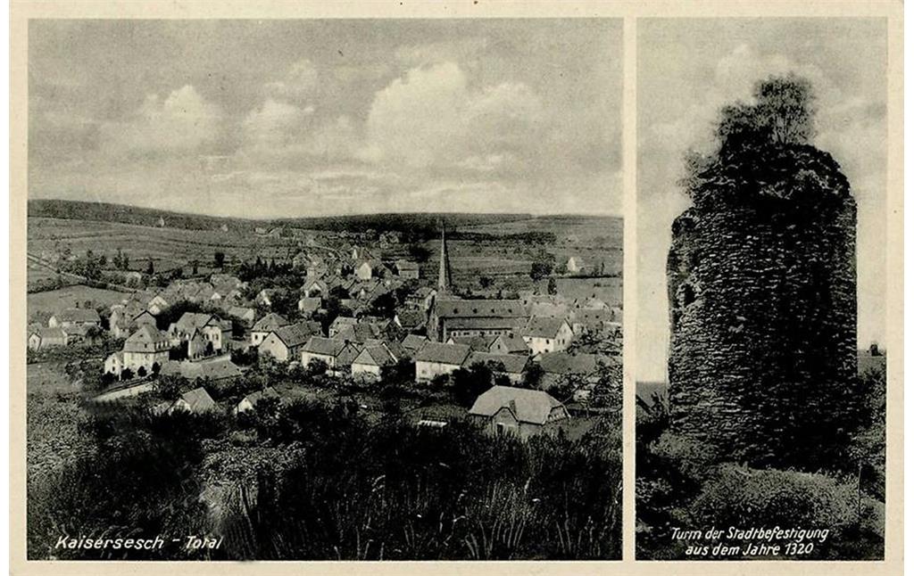 Ansichtskarte von Kaisersesch um 1940: Totalansicht des Ortes (vom östlich gelegenen "Heideberg" aus) und der erhaltene Turm der mittelalterlichen Stadtbefestigung.