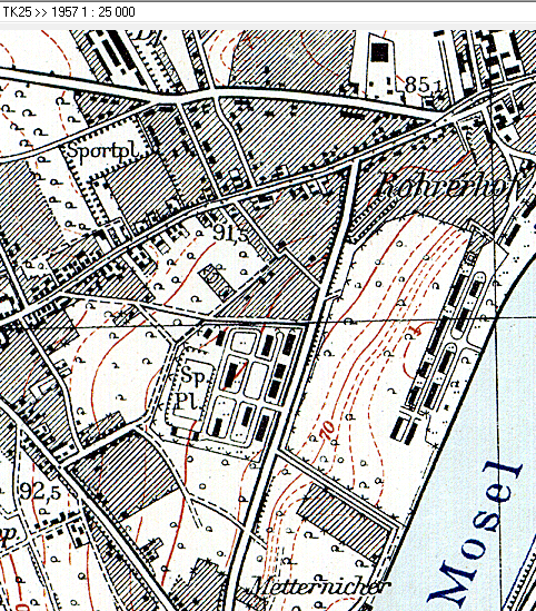 Ausschnitt aus der Topographischen Karte 1:25.000 aus dem Jahr 1957 im Bereich des heutigen Campus Koblenz der Universität Koblenz-Landau.