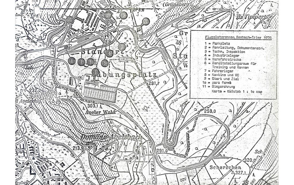 Karte vom Bereich der Wehrtechnischen Dienststelle 41 bei Trier mit der Rennstrecke "Rundkurs Grüneberg" und weiteren Einrichtungen für das "AvD-Flugplatzrennen Sembach" (um 1976).