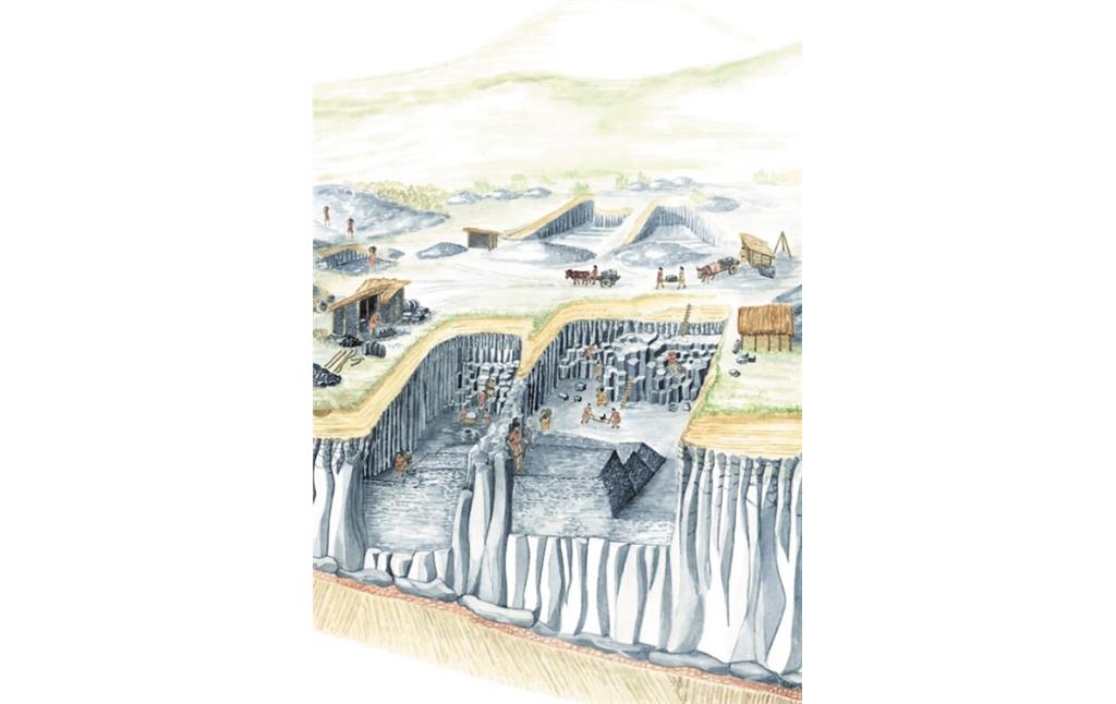 Darstellung eines römischen Basaltlava-Steinbruchs von ca. Christi Geburt bis 450 n. Chr.