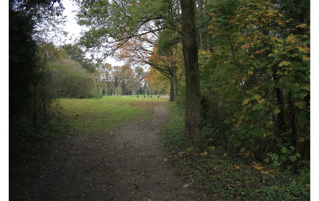 Ein Weg durch den Park an der Wasserburg Haus Voerde an der Allee in Voerde. Die Grünfläche ist gesäumt von alten Laubbäumen. Rechts liegen die Gräfte und die Burg (2014).
