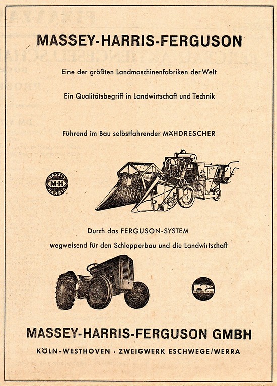 Werbeanzeige der Landmaschinenfabrik Massey-Harris-Ferguson in Köln-Westhoven (1957).
