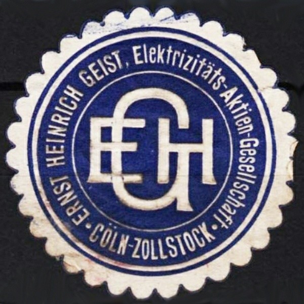 Das Firmenzeichen "EHG" der "Ernst Heinrich Geist Elektrizitäts-Aktien-Gesellschaft" in Köln-Zollstock (zwischen 1901 und 1911).