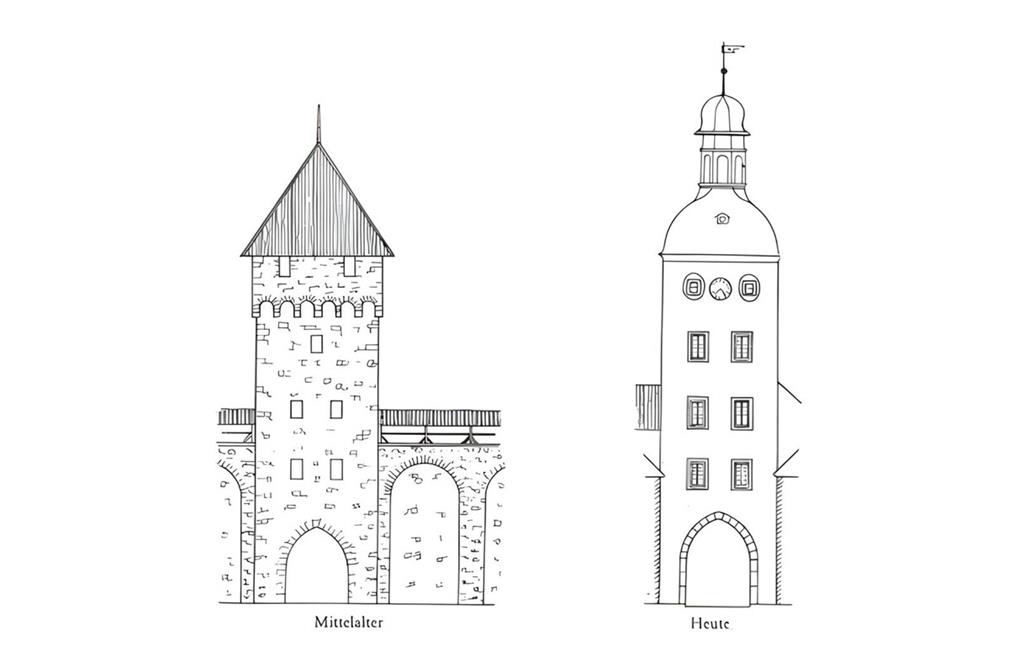 Zeichnungen des Torturms Unteres Tor in Kirchheimbolanden mit einer Rekonstruktion des mittelalterlichen Aussehens des Torturms (o.J.)
