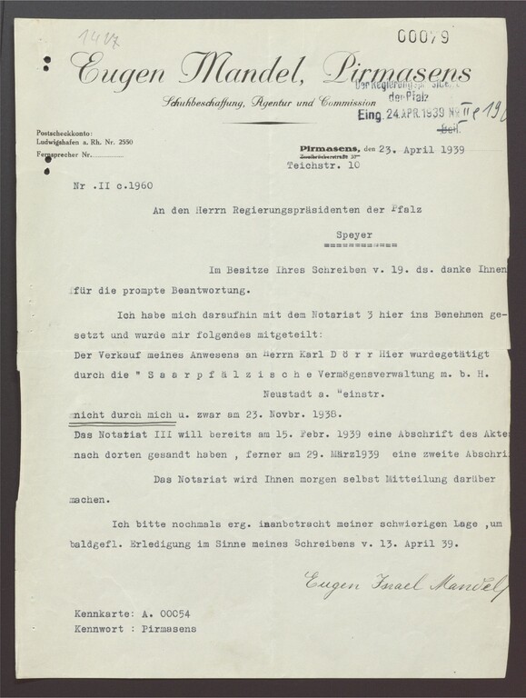 Digitalisats eines Briefes, den Eugen Mandel an den Pfälzischen Regierungspräsidenten schrieb (1939)