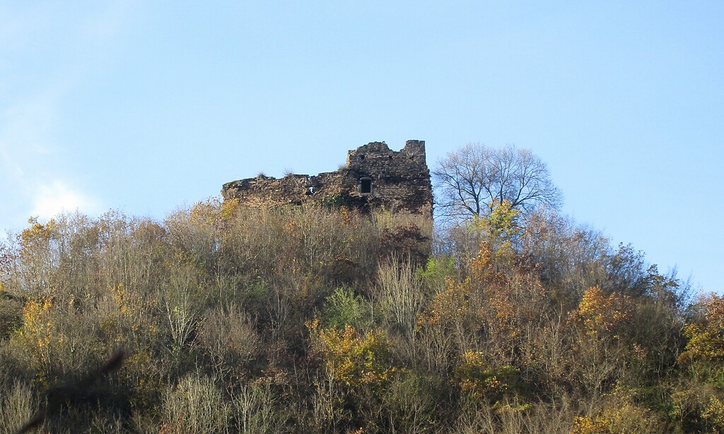 Blick auf die Südostseite der Burgruine Trutzeltz gegenüber der Burg Eltz (2020).