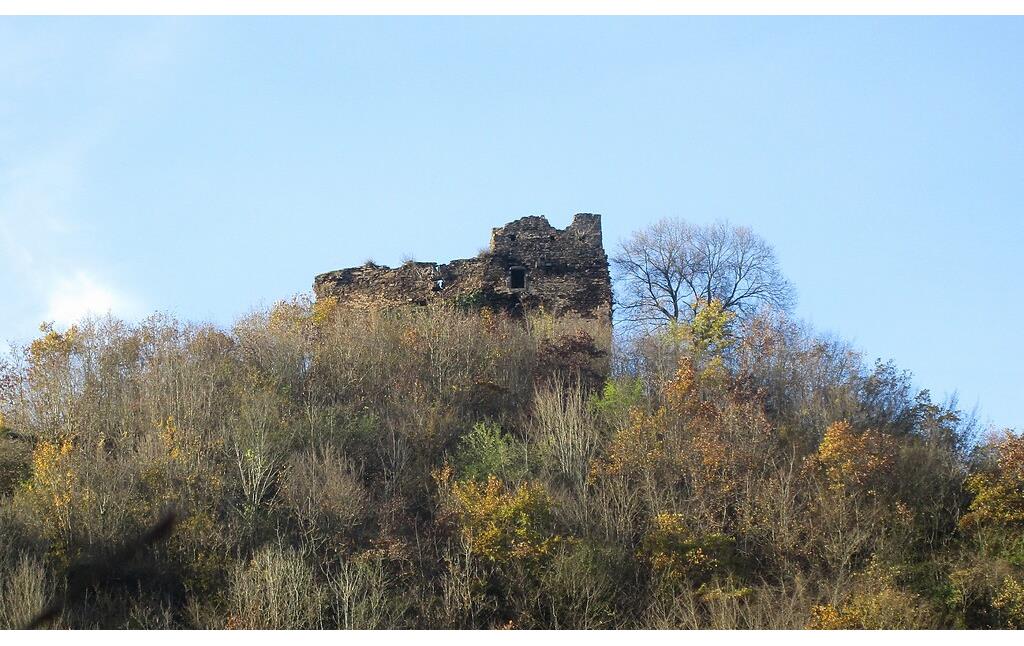 Blick auf die Südostseite der Burgruine Trutzeltz gegenüber der Burg Eltz (2020).