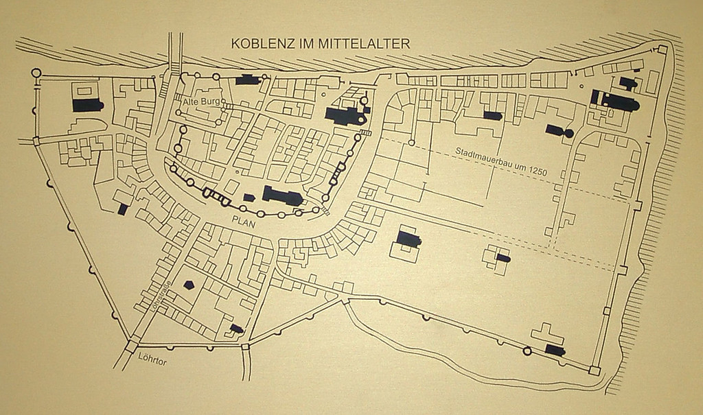 Karte "Koblenz im Mittelalter" mit der spätrömischen und mittelalterlichen Stadtmauer (2003).